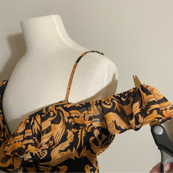 Akira Baroque Gold Black Plunging Neck Ruffled Maxi High Low Dress L Large - Picture 8 of 15